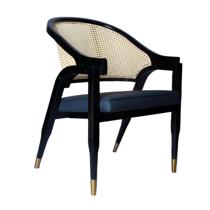 Luxury Rattan & Wood Accent Chair with Blue Cushion