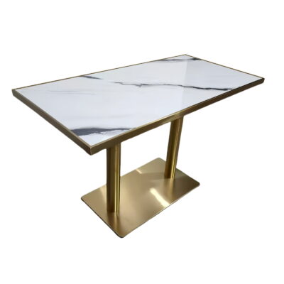 TB-140 White Marble-Look Restaurant Dining Table with Gold-Tone Metal Base
