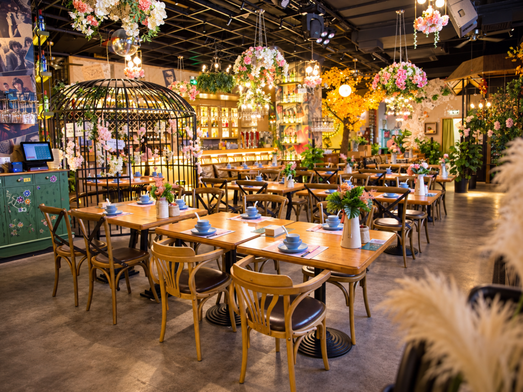 Music themed restaurant dining hall with wooden tables, chairs and stage area.