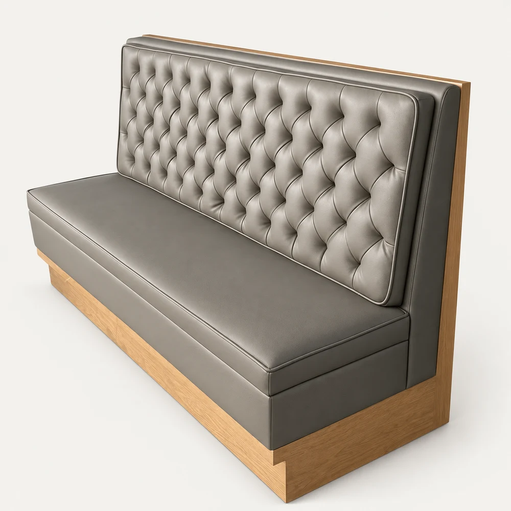 Tufted restaurant booth with a timber plinth