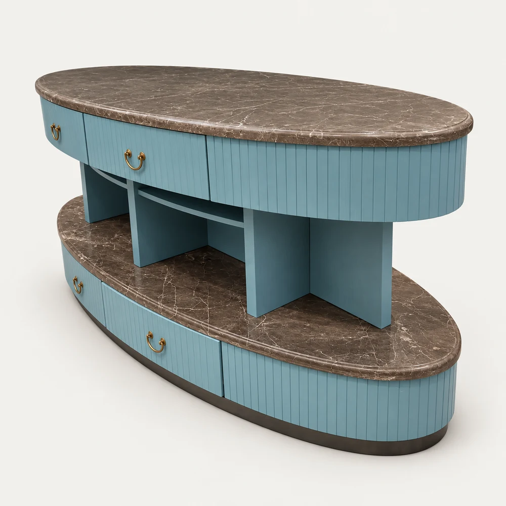 Muted teal restaurant sideboard with stone surfaces