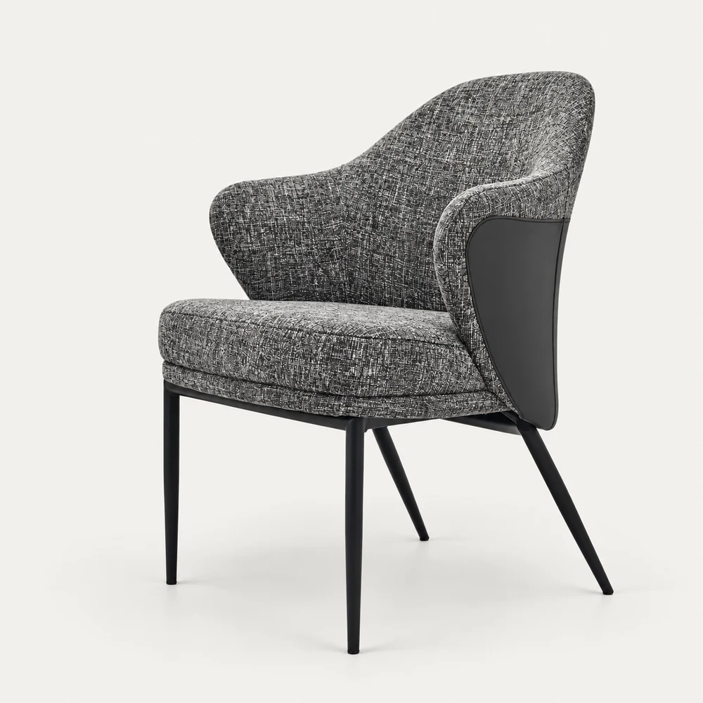 Gray upholstered restaurant armchair with black legs