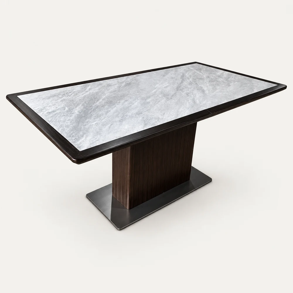 Rectangular restaurant dining table with a dark pedestal base